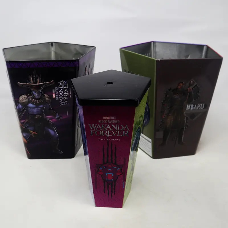 Odeon Cinema Marvel Black Panther Wakanda Forever Movie Popcorn Tin Bucket + Plastic Drink Cup New Promotional Souvenir Bundle Lot 1