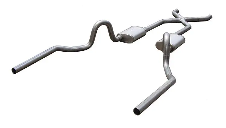 Pypes Performance Exhaust System: Crossmember-Back X-Pipe Setup For 1964–1972 A-Body Cars – 2.5" Dual-Exit With Violator Mufflers, Hardware, And Split Rear Configuration 1