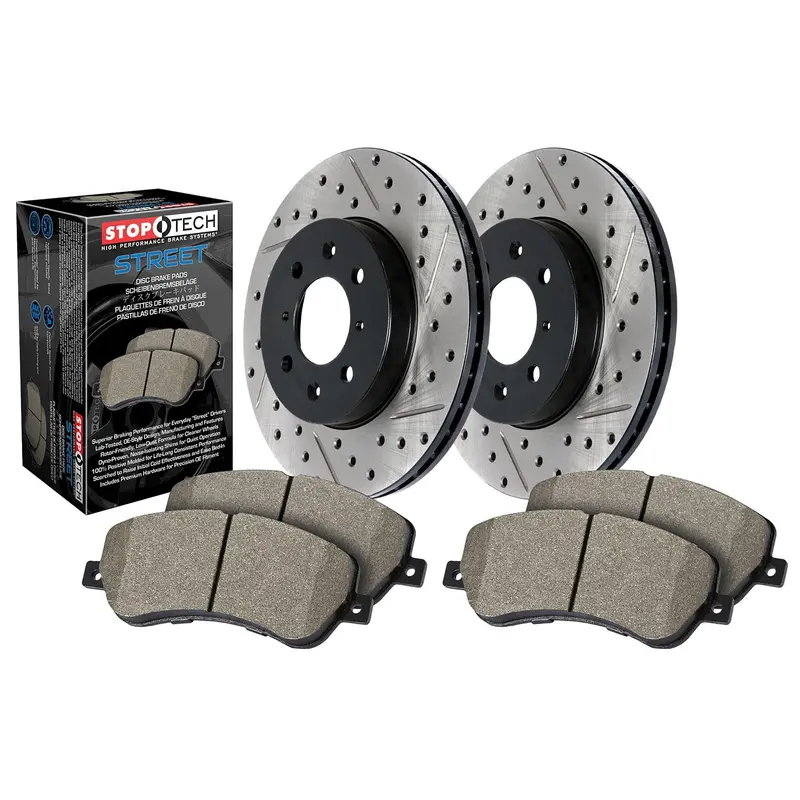 Stoptech 938.67043 Street Brake Axle Pack – Drilled & Slotted Front Rotors With Pads 1