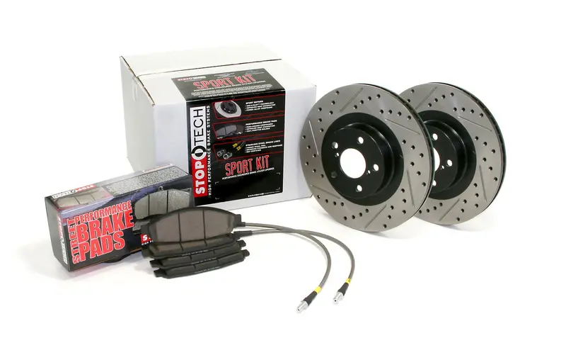 Stoptech 978.42016F Front Axle Pack – Slotted/Drilled Rotors, Pads, And Stainless Brake Lines 1