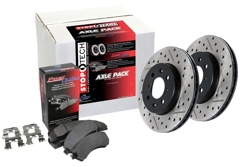 Stoptech Street Axle Brake Kit – Four-Wheel Drilled & Slotted Rotor System 1